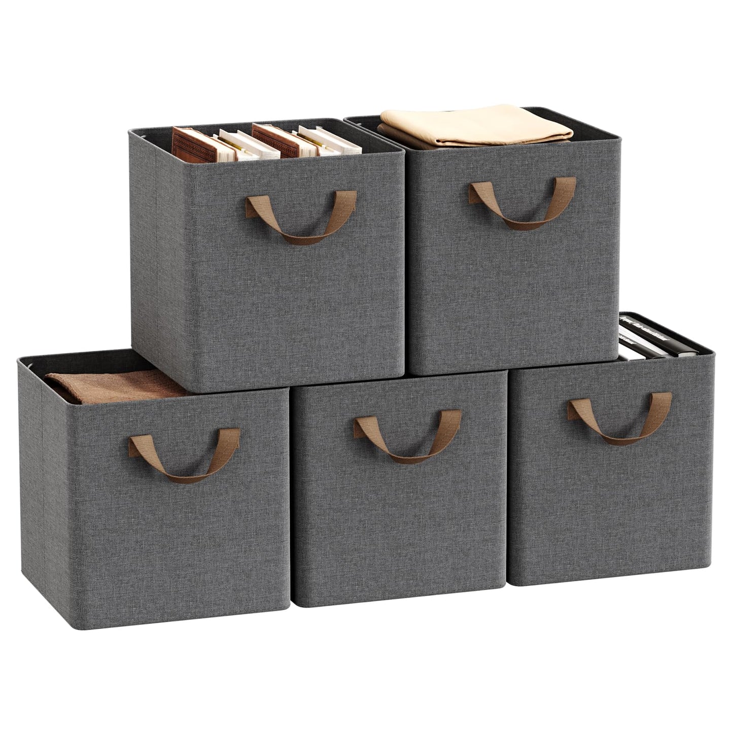 WOLTU Storage Boxes Set of 5, Storage Baskets, Folding Wardrobe Cube Boxes, with Handle and Metal Frame, for Living Room/Bedroom/Study, Linen