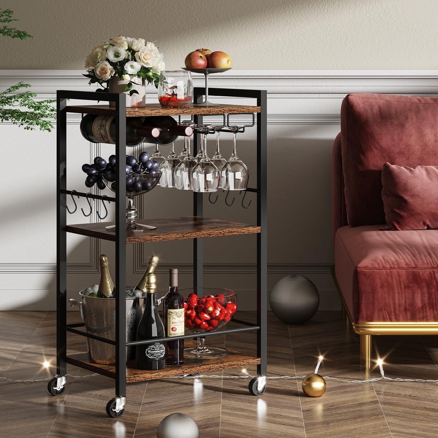 TUTOTAK Drinks Trolley, Bar Cart with 3-Tier Shelf, Serving Trolley with Wine Rack, Glass Holder, Rolling bar cart for the Home, Living Room