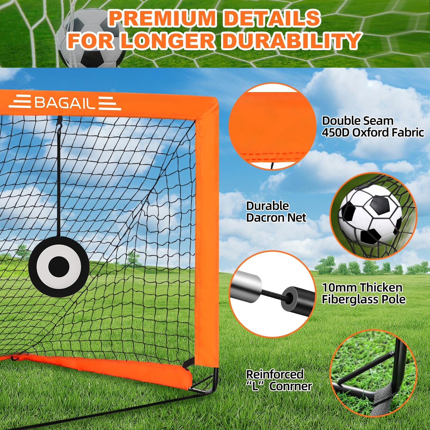 BAGAIL Football Goal, Pop up Football Net with Target Goal, Ground Pegs and Portable Carry Bag, Easy to Assemble, Ideal Soccer Goal for Garden