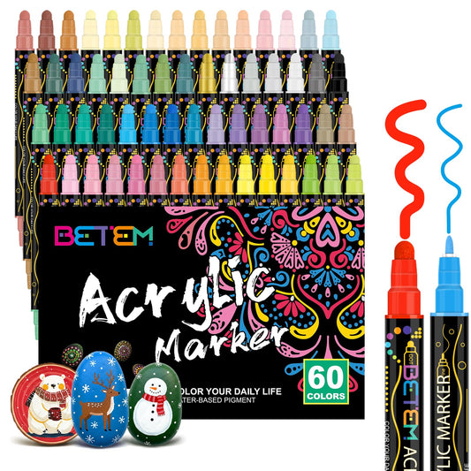 Betem 60 Colors Dual Tip Acrylic Paint Pens Markers, Premium Colouring Pens for Rock Painting, Wood, Canvas, Stone, Ceramic Surfaces, Christmas