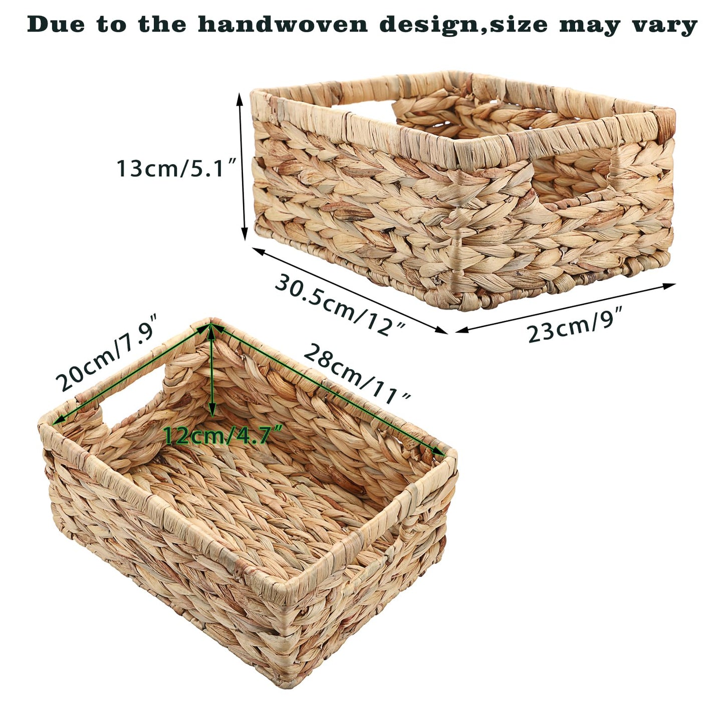 OGANAZI Natural Water Hyacinth Baskets with Handles, 30.5 * 23 * 13cm