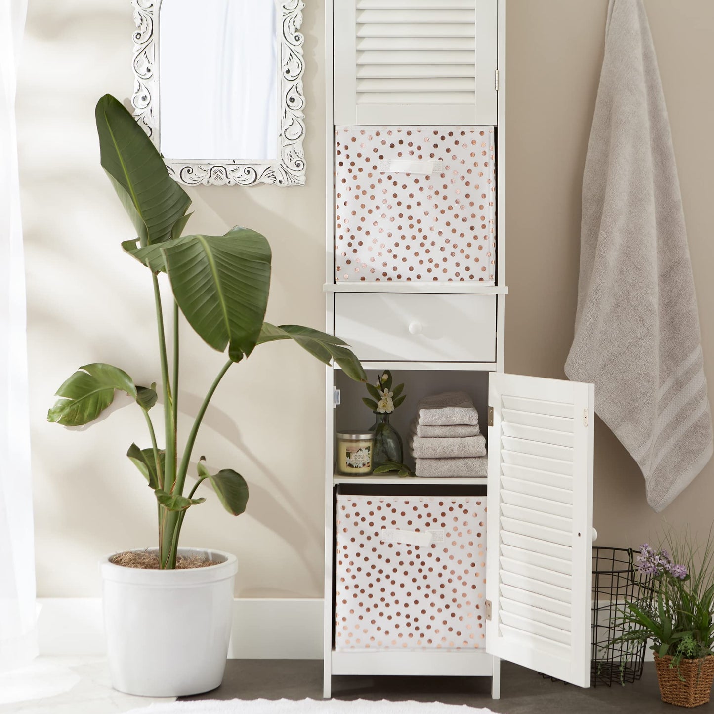 DII Non Woven Polyester Storage Bin, Polka Dot, White & Copper, Large Set of 2