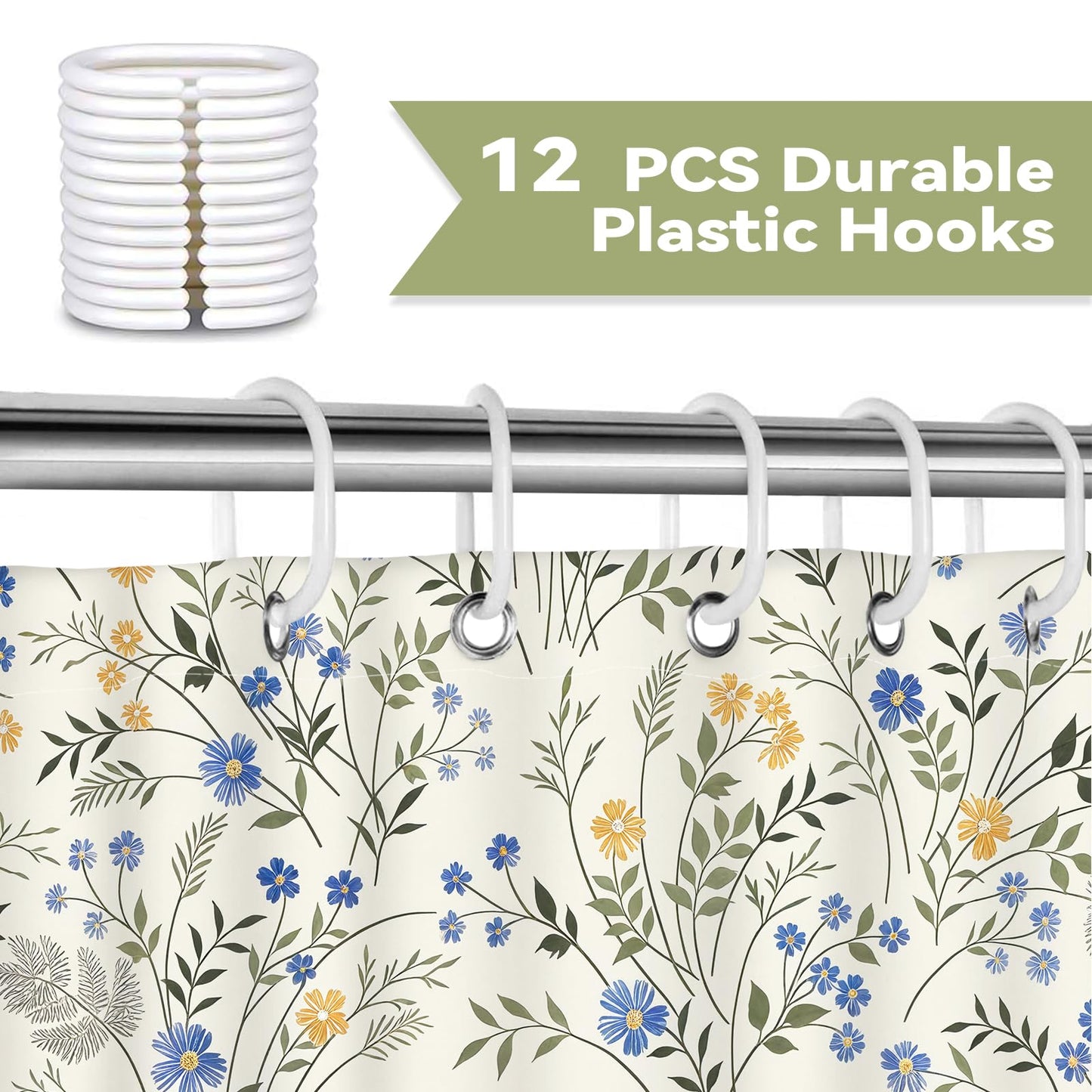 Hopomoon Country Wildflower Shower Curtain,Blue and Yellow Floral Green Leaf Plant Spring Summer Botanical Plant Pattern