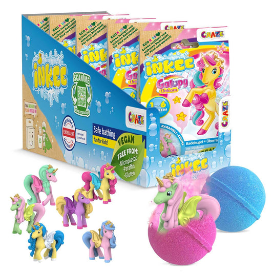INKEE Galupy Unicorn Bath Bombs for Kids ? 5 Piece Gift Set with Surprise Unicorn Toy Inside, Caramel Scent and Jojoba Oil ? Bubble Bath Fizzers for
