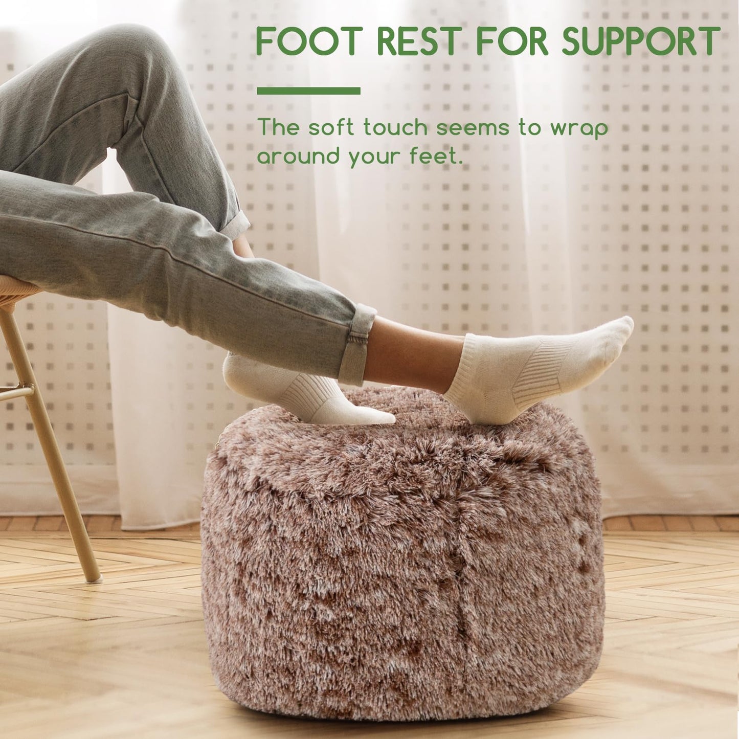 HIGOGOGO Faux Fur Beanbags Round Footstool Bean Bag Pouf with Foam Chunk Filling, 65 x 45 cm Floor Poufs Foot Rest for Living Room, Coffee