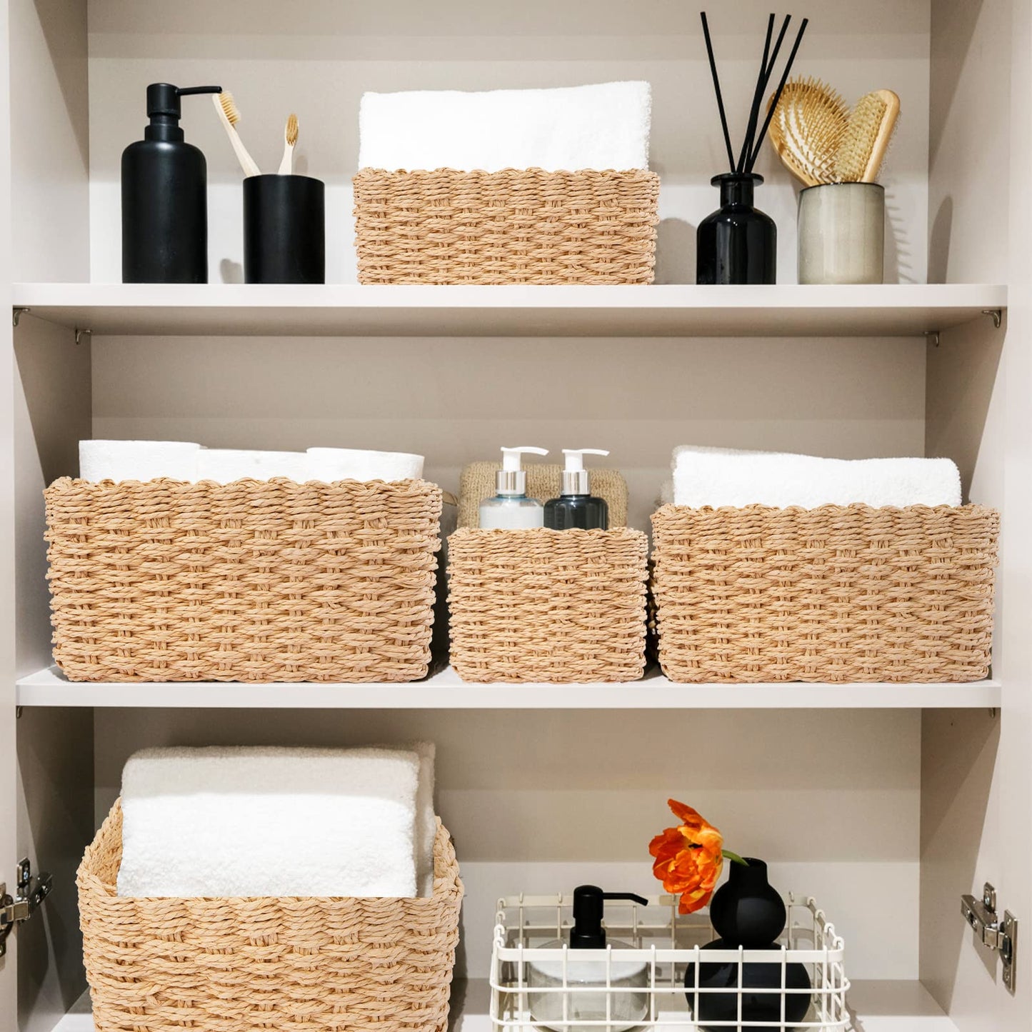 Happy Fox Wicker Bathroom Basket, 3 Piece Storage Laundry Basket, Woven Storage for Dressing Table Organization, Home Decor