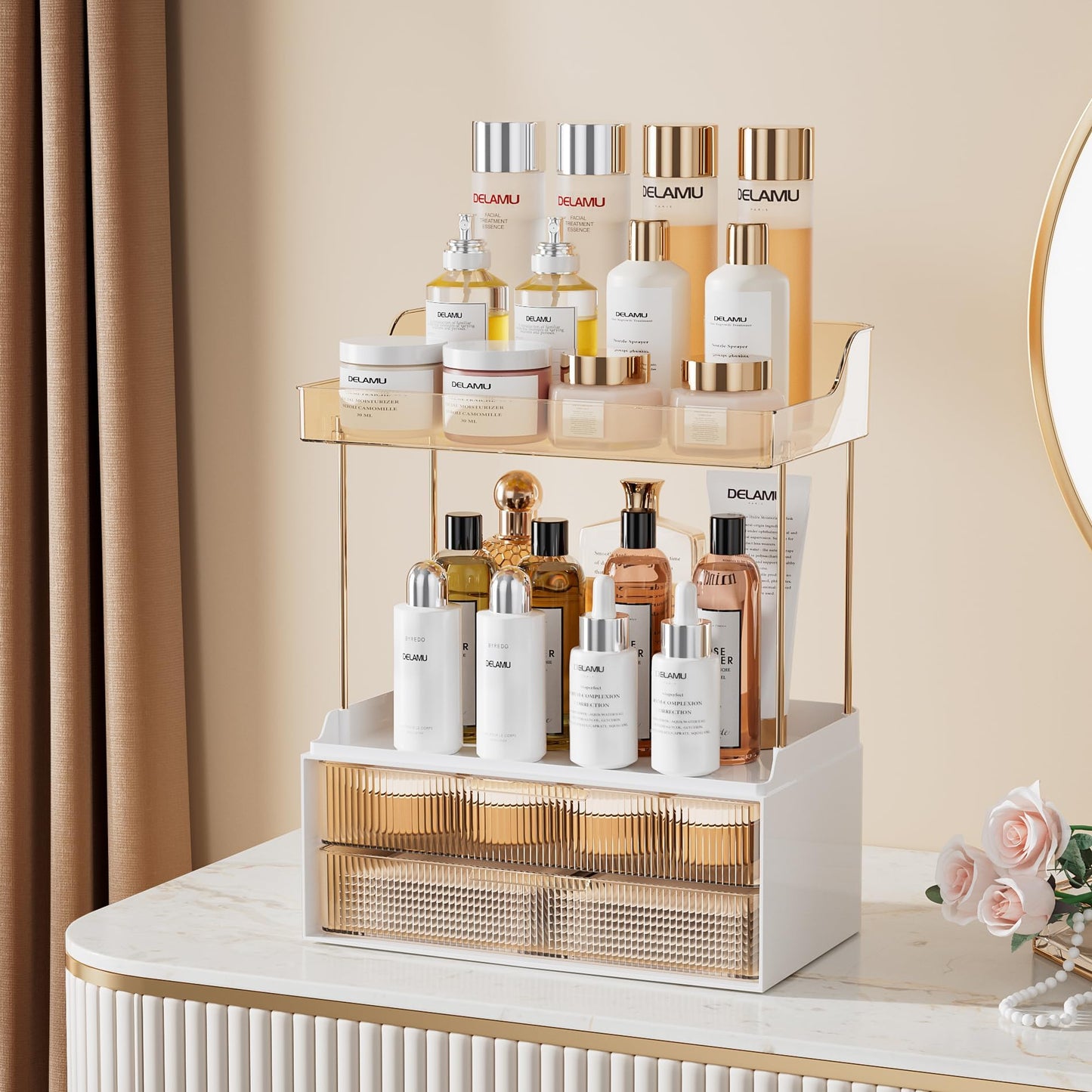 Delamu Makeup Organiser, 2 Tier 2 Drawer Large Cosmetic Storage, Multi-Purpose Vanity Organizer for Makeup Brushes, Skincare, Perfume