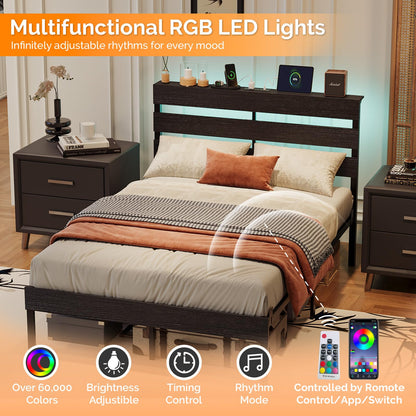 Bonnlo 4ft6 Double Bed Frame with Storage Headboard & LED Lights, 135x190cm, Metal Bed Frame with Charging Station USB/Type-C/2 Outlets