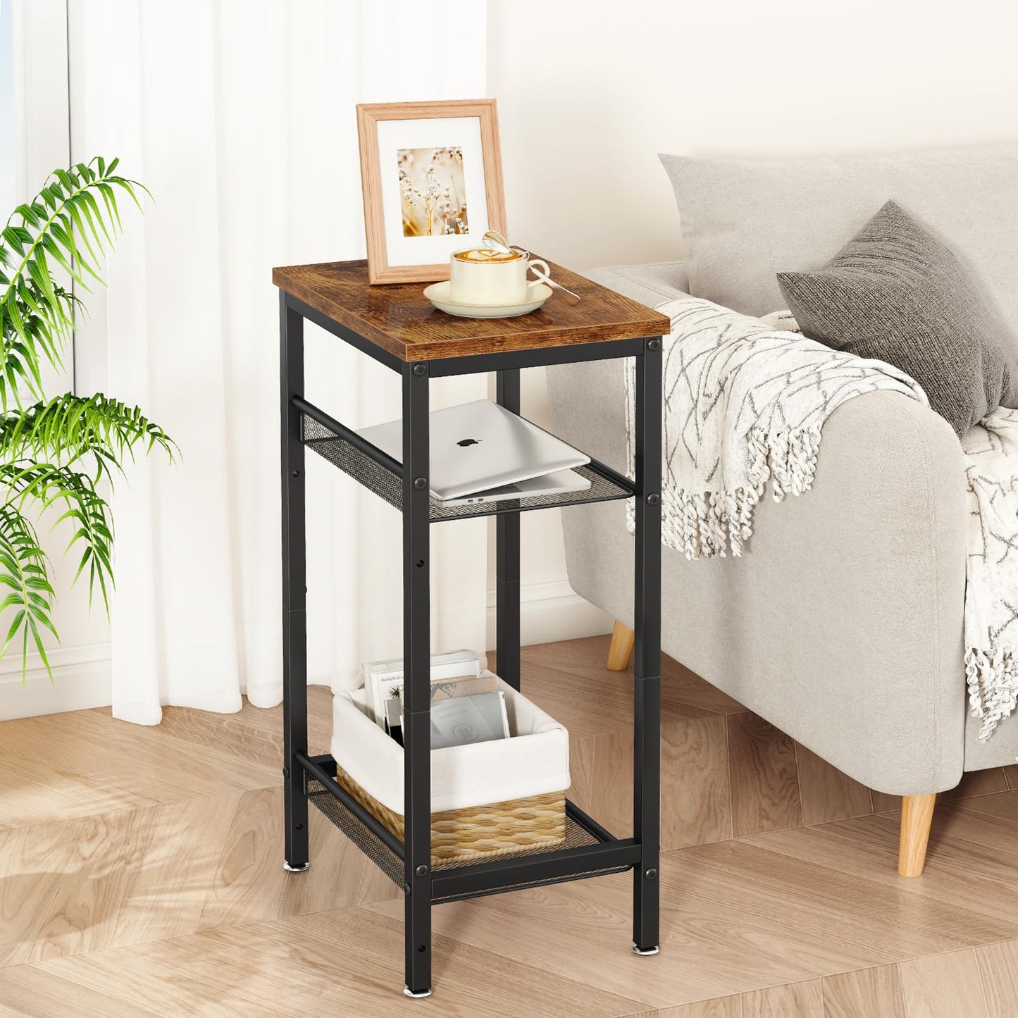 YMYNY Tall Side Table, Nightstand, Small Bedside Table with Shelves, Industrial Style, Adjustable Wire Mesh, for Living Room, Bedroom, Entryway