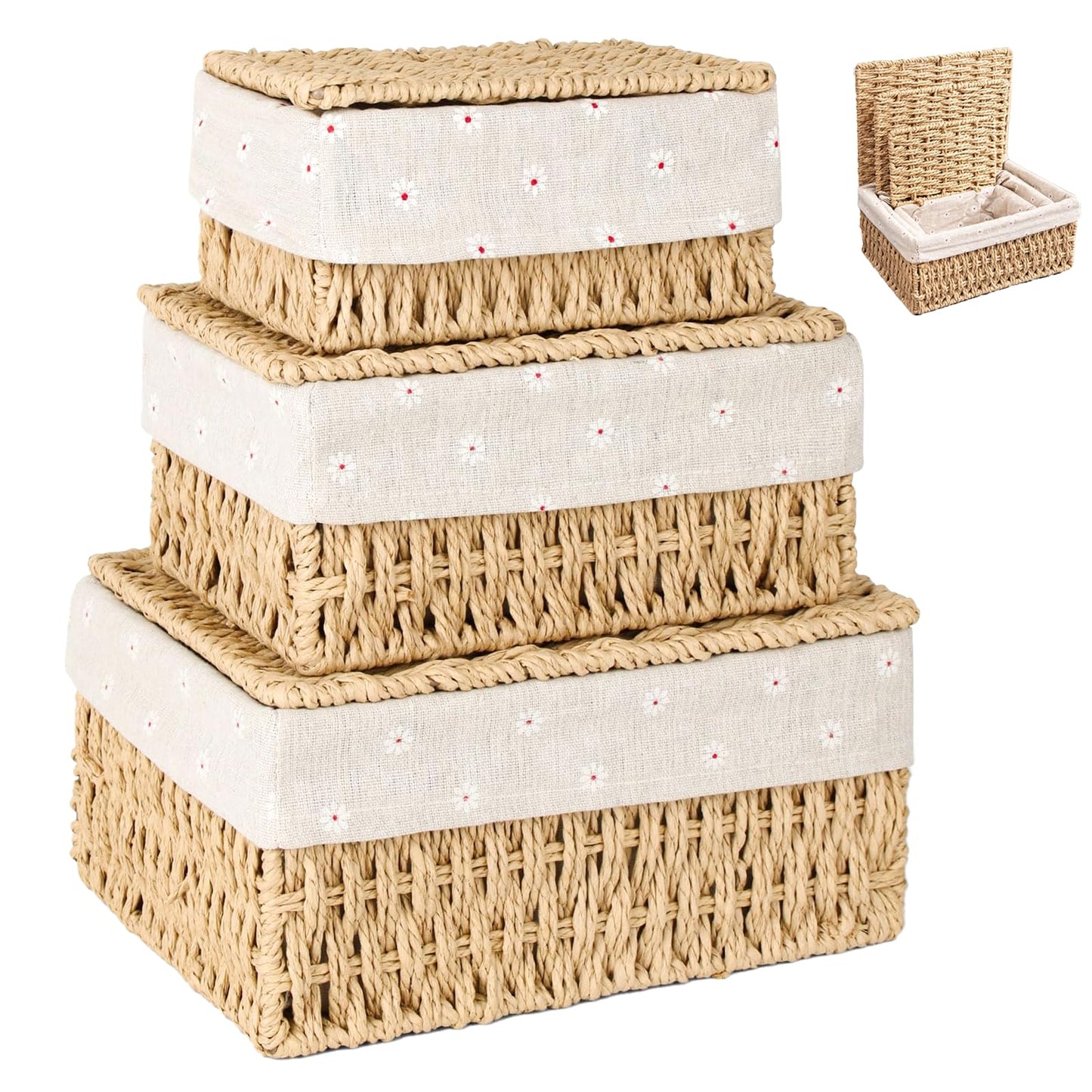 ZHYOPING Set of 3 Storage Baskets with Lids – Natural Paper Rope Storage Basket, 3 Sizes Woven Hamper Basket with Lining for Toys, Bathroom