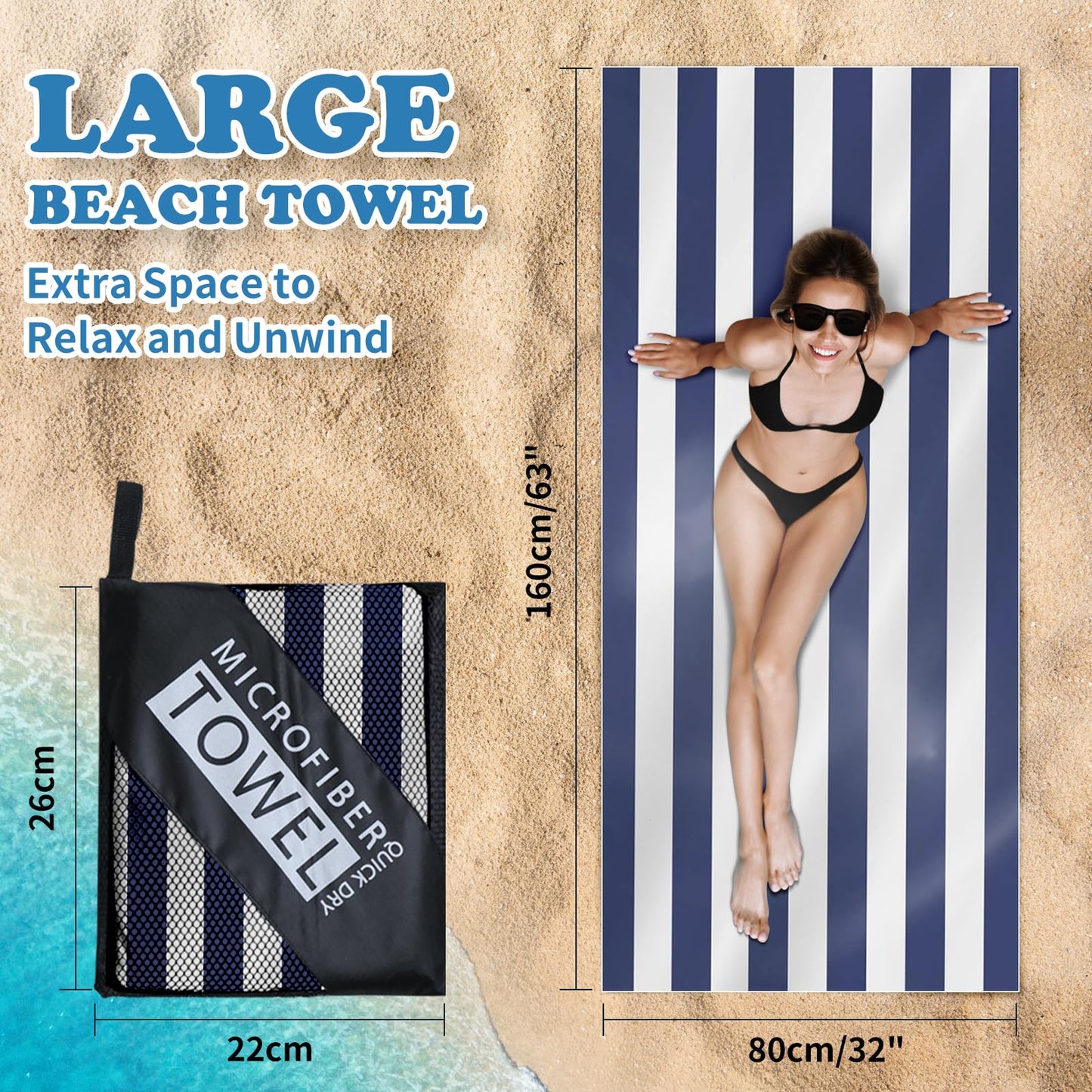 160 x 80 cm Microfibre Towel - Large Size Quick Drying Microfibre Beach Towels for adults, Sand-Free, Absorbentextra large Beach Towels for adults