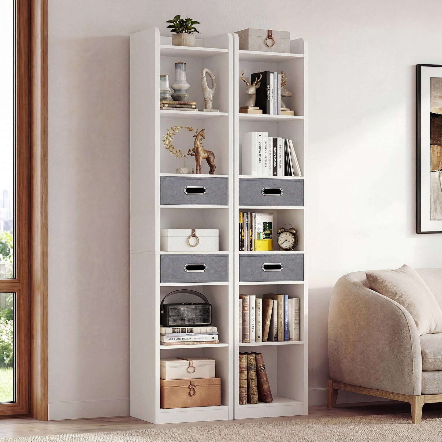 YITAHOME Tall Narrow Bookcase, Thin Corner 5-Tier Bookcase with 2 Fabric Drawers, Freestanding Display Shelf for Living Room, Bedroom, Office, White