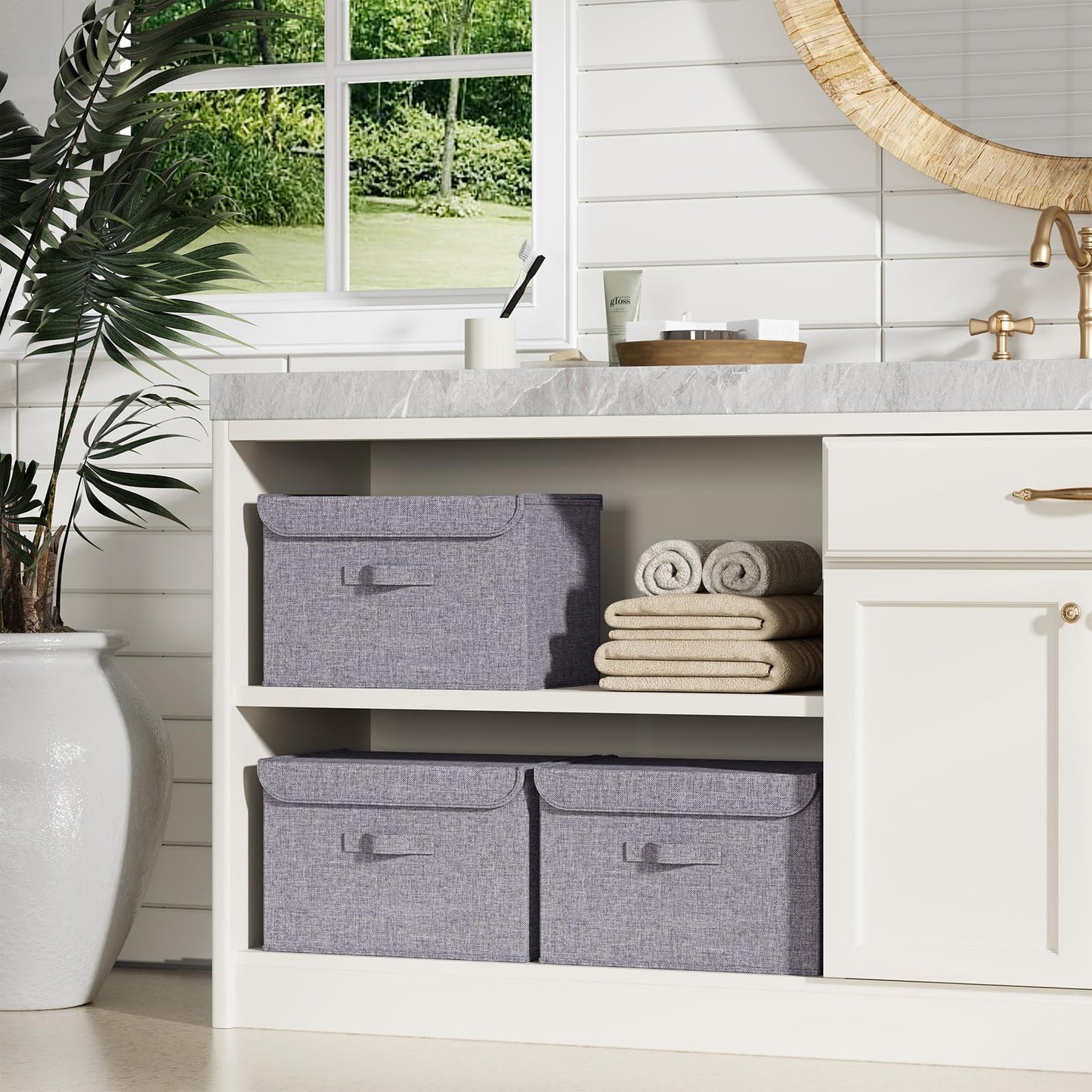 Homsorout Foldable Storage Boxes with Lids - Wardrobe Organiser Bin with Handle Fabric Basket Containers for Clothes, Book, Shelf, Office