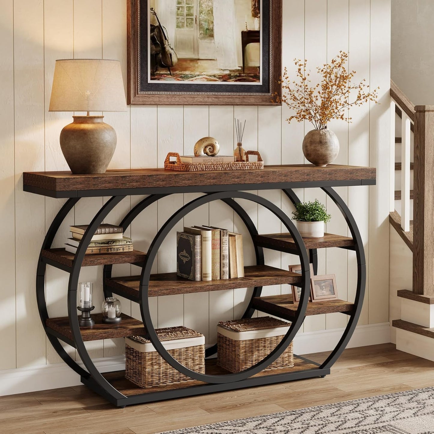 Tribesigns Circle Base Console Table | Narrow Entryway Table 120x30x80cm | 4-Tier Storage Shelf | Industrial Farmhouse Hallway Sofa Table,Rustic
