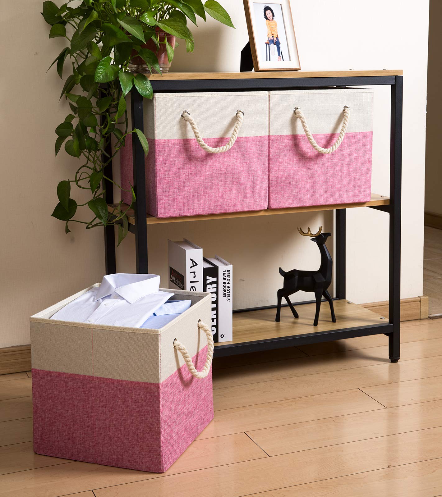 Prandom Foldable Cube Storage Bins 28x28x28cm [4-Pack] Fabric Linen Storage Baskets Cubes Drawer with Cotton Handles Organizer for Shelves Closet