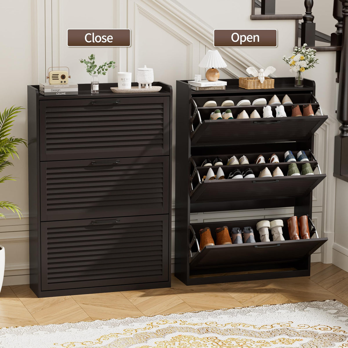 BonVache Shoe Storage with 3 Flip Louvered Doors, Narrow Wooden Shoe Cabinet 120x80x24cm with Adjustable Shelves For Hallway, Entreway