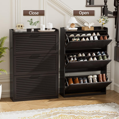 BonVache Shoe Storage with 3 Flip Louvered Doors, Narrow Wooden Shoe Cabinet 120x80x24cm with Adjustable Shelves For Hallway, Entreway