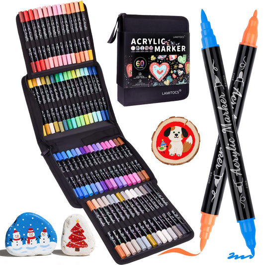Lamitocs Acrylic Paint Pens Paint Markers,60 Colors Fine & Felt Dual Tip Paint Markers for Rock Painting,Wood,Canvas,Calligraphy, DIY Christmas Crafts