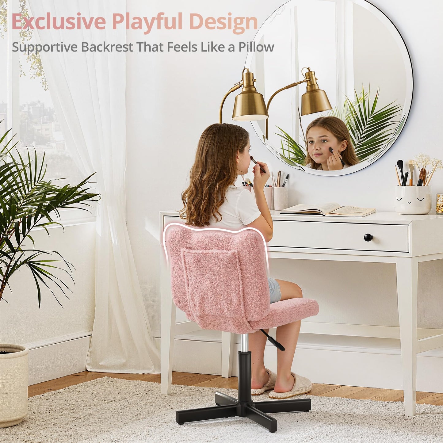 LUE BONA 360° Swivel Vanity Stool with Bear Ear Backrest, Height Adjustable Teddy Velvet Dressing Table Chair, Pink