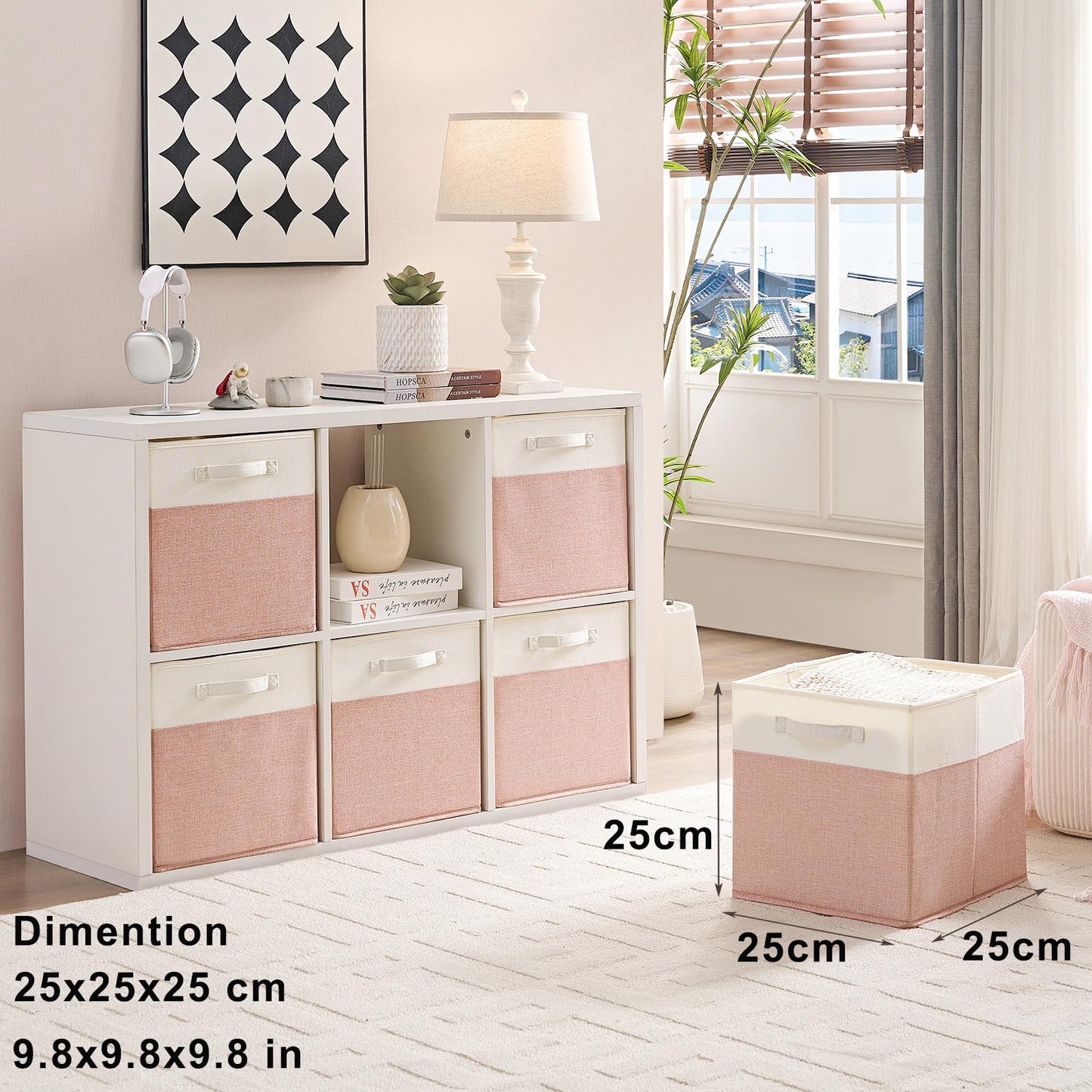 Mangata Cube Storage Boxes 25x25x25 cm, Fabric Storage Cube Baskets for Clothes Bins, Baskets, Chests,Toys (Pink/Cream White, 4Pcs)