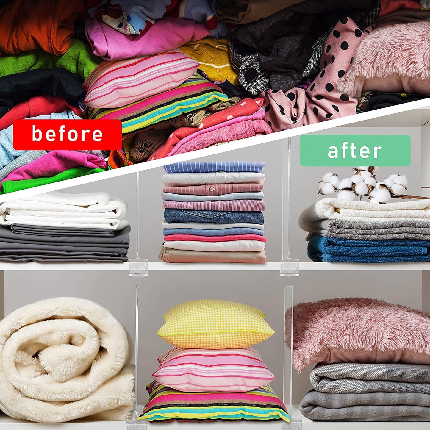 Irishom 8 Pack Clear Acrylic Shelf Dividers, Wardrobe Organiser & Separator for Clothes, Towels and Bags