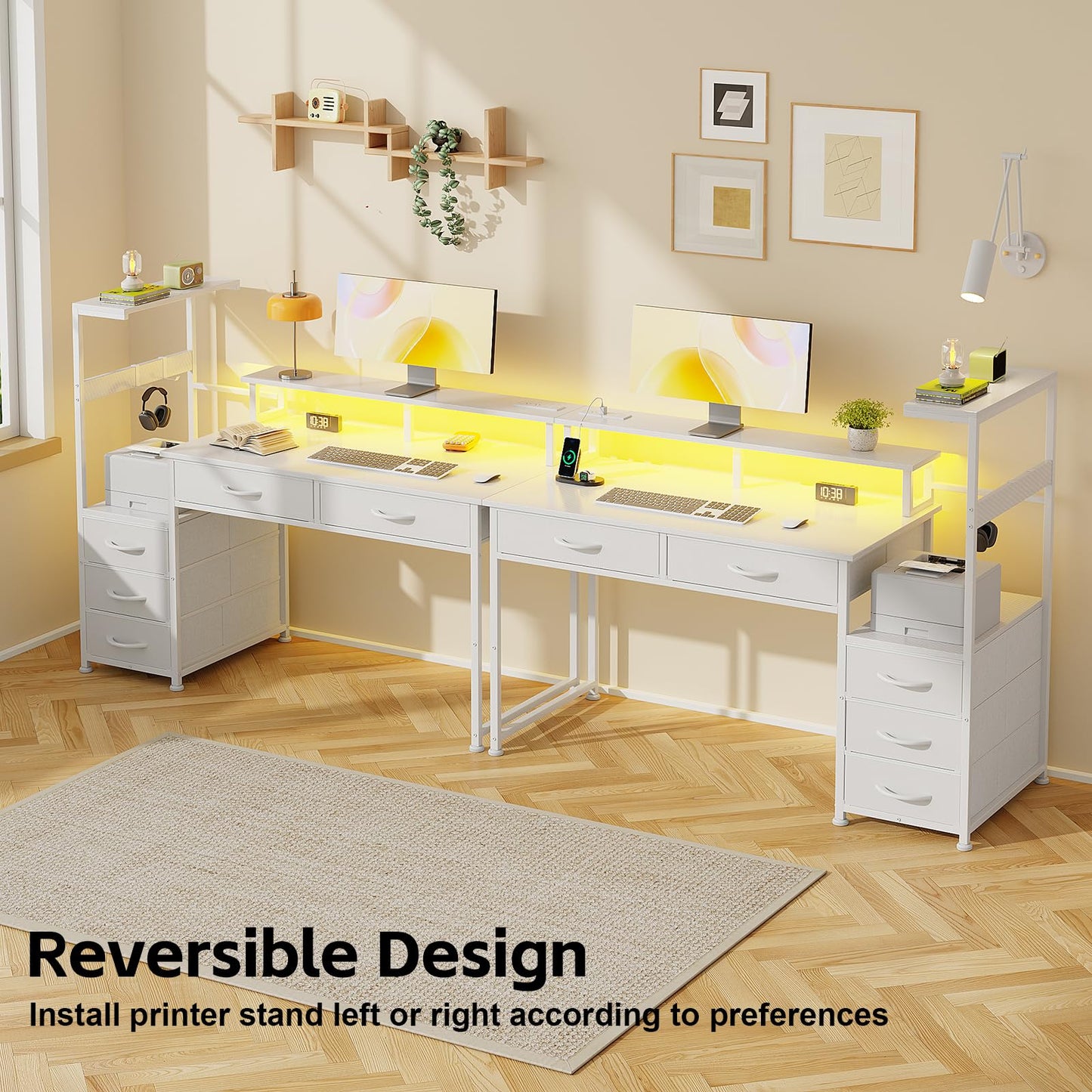 WEMANER 120cm Computer Desk with 5 Fabric Drawers, Reversible Home Office Desk with Printer Cabinet, Writing Desk with Monitor Stand & Power Outlets