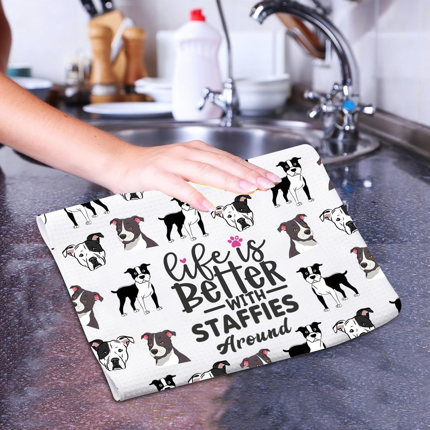 PXTIDY Staffie Dog Lovers Tea Towel Life Is Better With Staffies Around Staffordshire Terrier Dish Towel Staffie Dog Mom Gift
