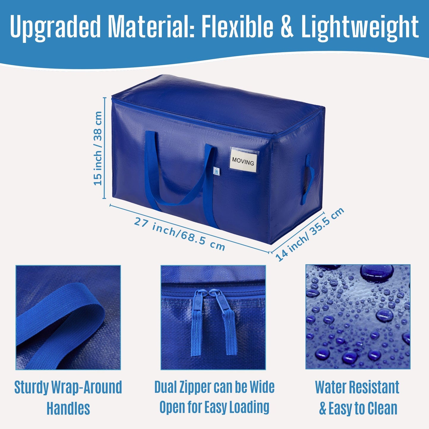 VENO 6 Pack Extra Large Moving Bags with Zippers & Carrying Handles, Heavy-Duty Storage Tote Moving Boxes for Space Saving (Blue-6 Pack)
