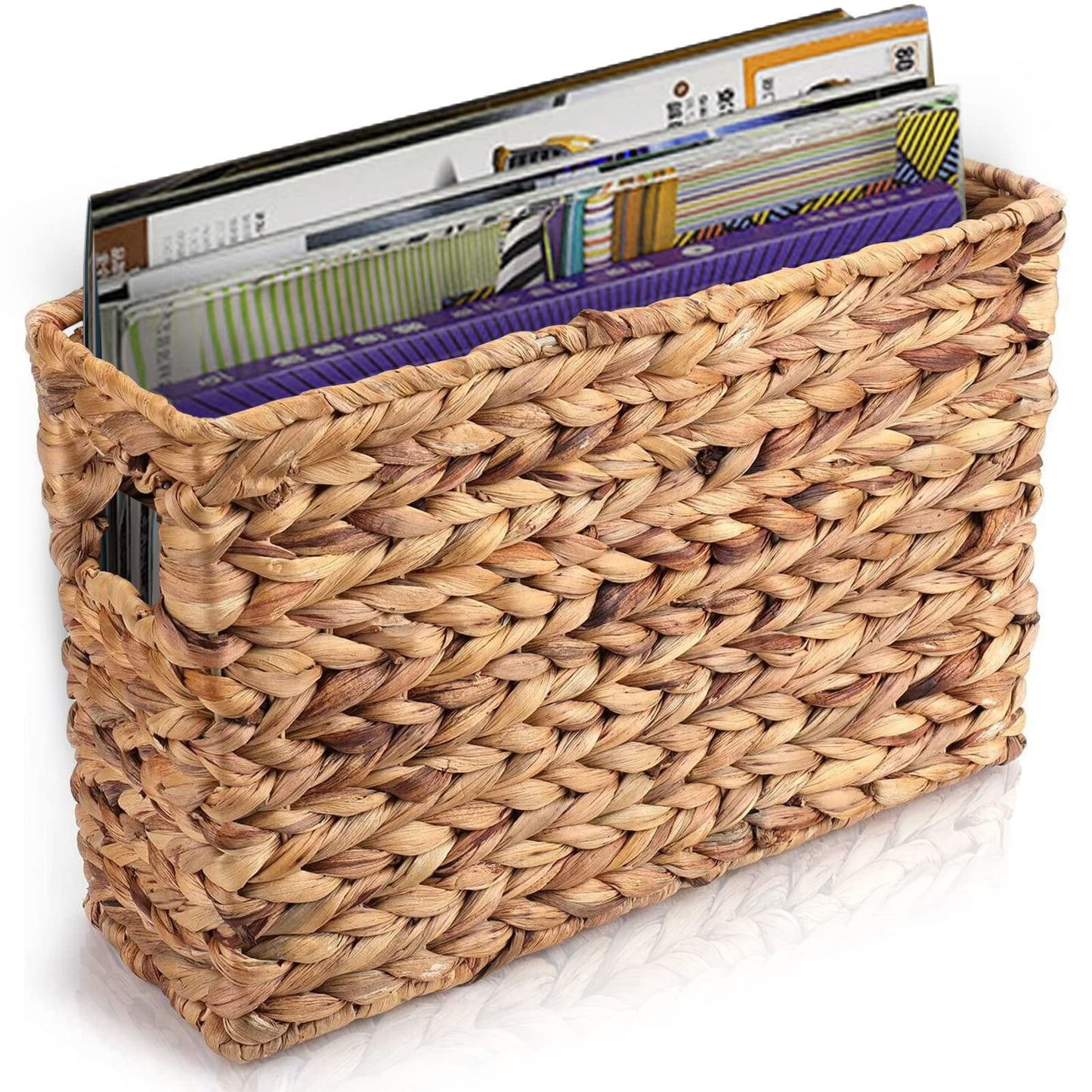 Yesland Hand-Woven Natural Narrow Water Hyacinth Holder Wicker Basket, 15.5 x 5.5 x 9.75 Inch/39 x 14 x 24.7cm Decorative Magazine Storage Bin for