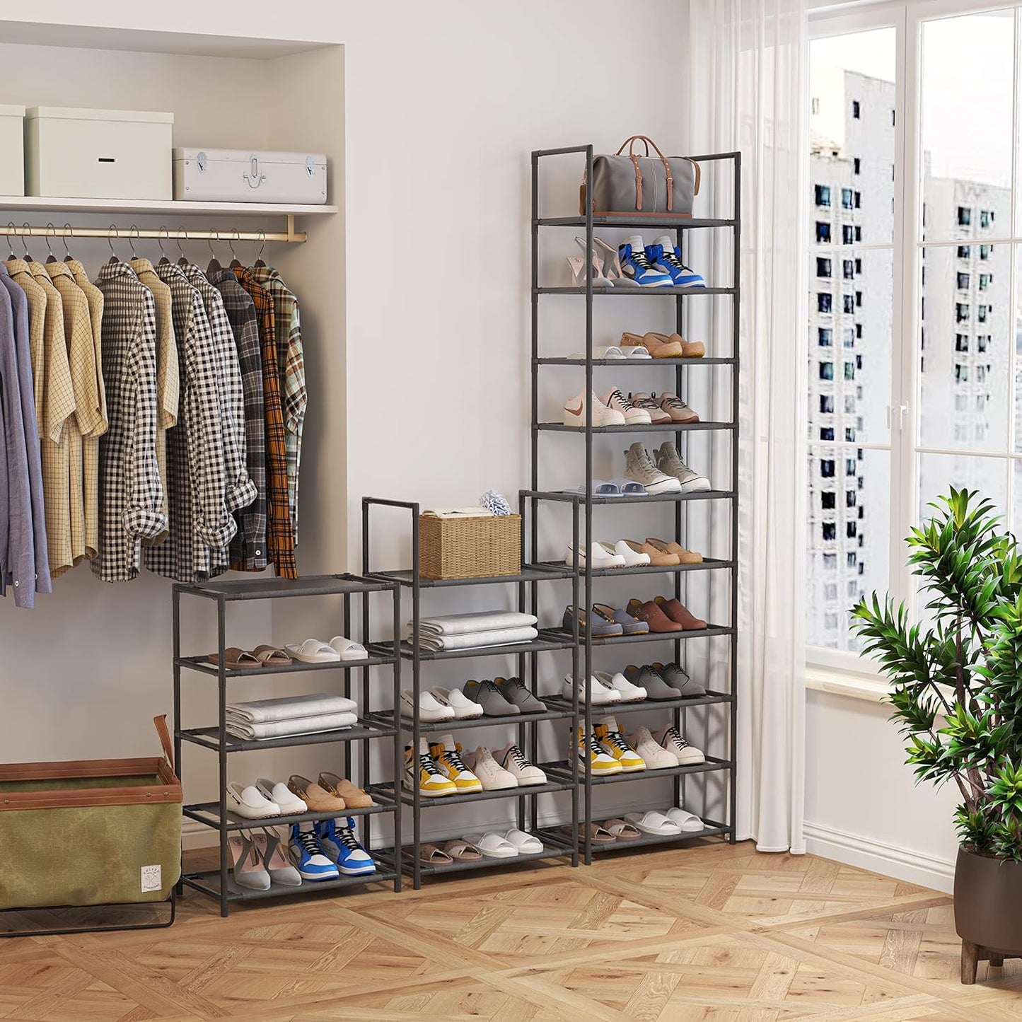 SPUSEN Shoe Rack, 10 Tier Shoe Storage Organizer with Hooks,Fit 20-25 Pairs Shoes,Metal Tall Shoe Shelf for Closet,Entryway,Garage,Bedroom,Cloakroom