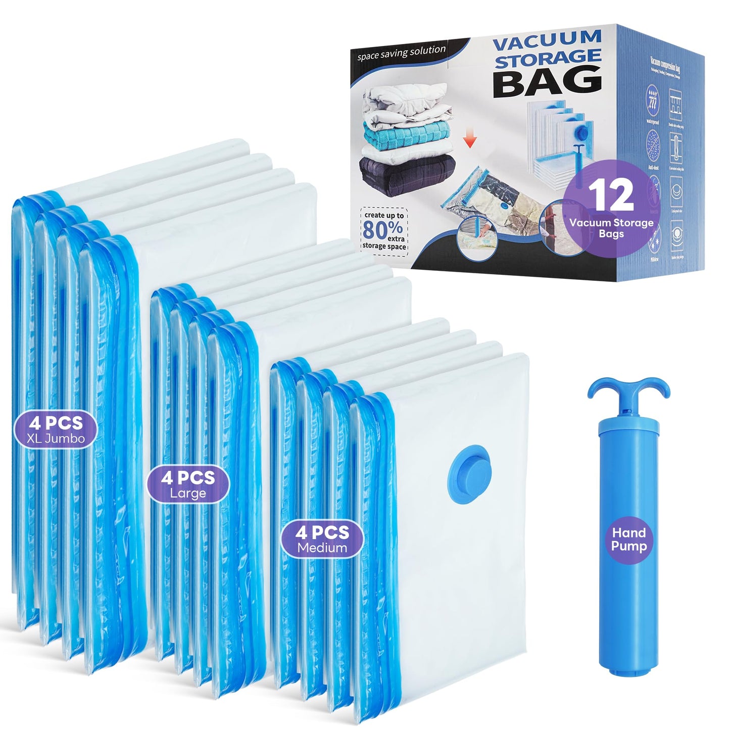 Vacuum Storage Bags- 12Pack 4XL/4L/4M Vacuum Bags for Travel