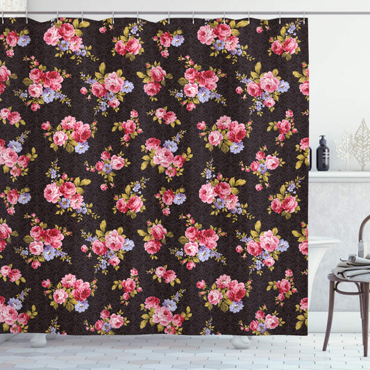 ABAKUHAUS Rose Shower Curtain, Pattern with Old Fashioned Corsage and Bouquets Antique Feminine Floral Inspired Grace, Cloth Fabric Bathroom Decor Set