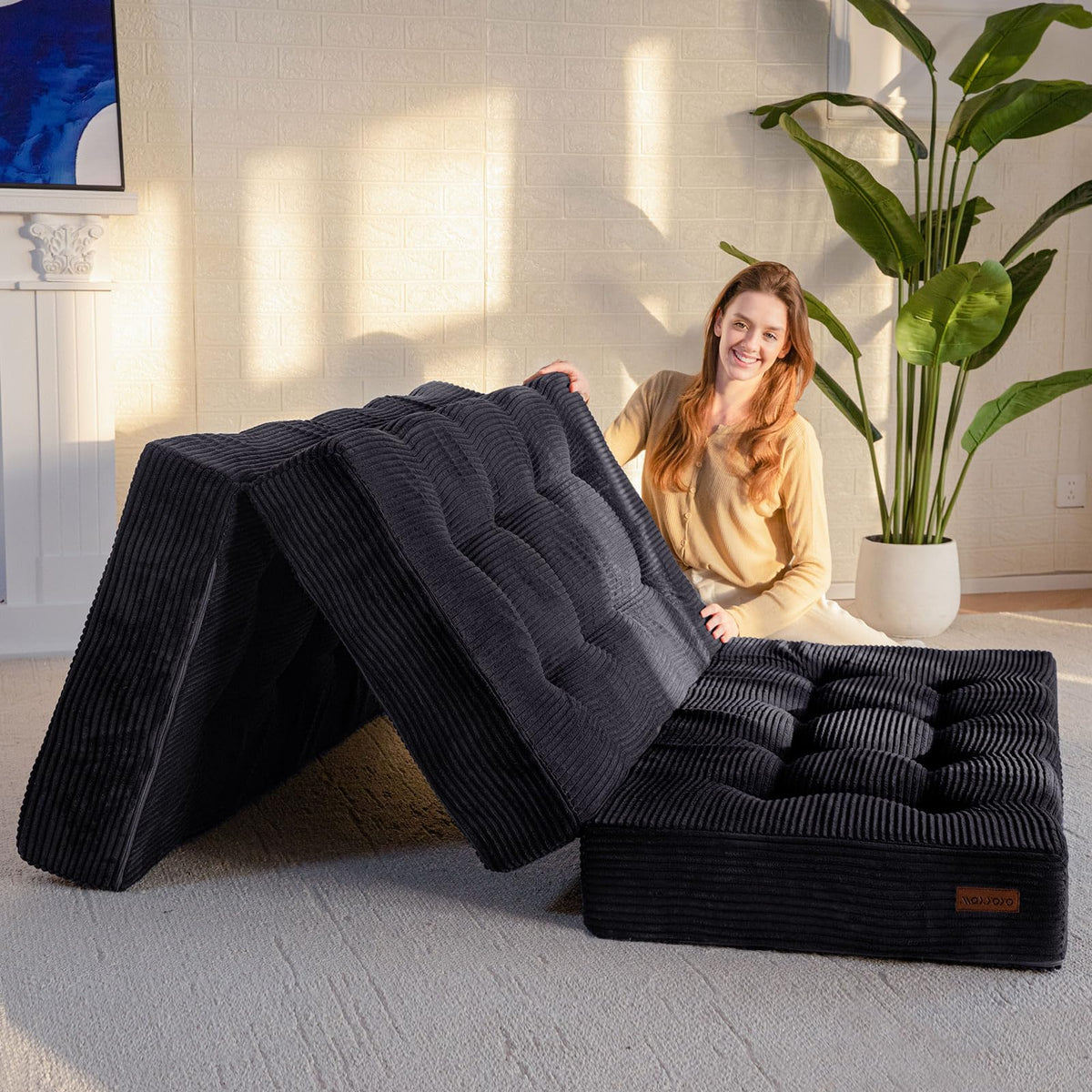 MAXYOYO Folding Mattress, Comfy Corduroy Foldable Mattress with 15cm Thicken Foam, Tri-Fold Floor Futon Sofa Bed for Guest,Black,Double