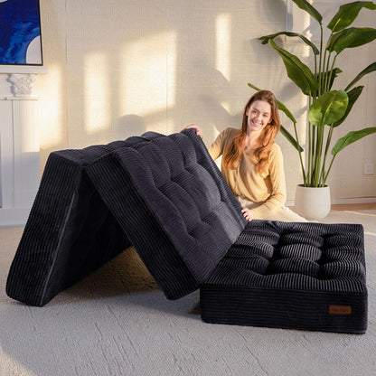 MAXYOYO Folding Mattress, Comfy Corduroy Foldable Mattress with 15cm Thicken Foam, Tri-Fold Floor Futon Sofa Bed for Guest,Black,Double