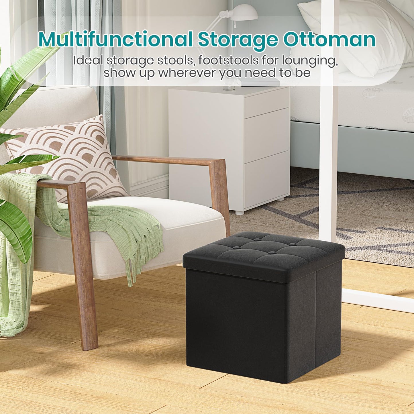 Oak & Tea Storage Ottoman, Foldable Storage Bench, Small Footrest, Cube Storage Unit, 1 Storage Boxes with Lid, Footstool