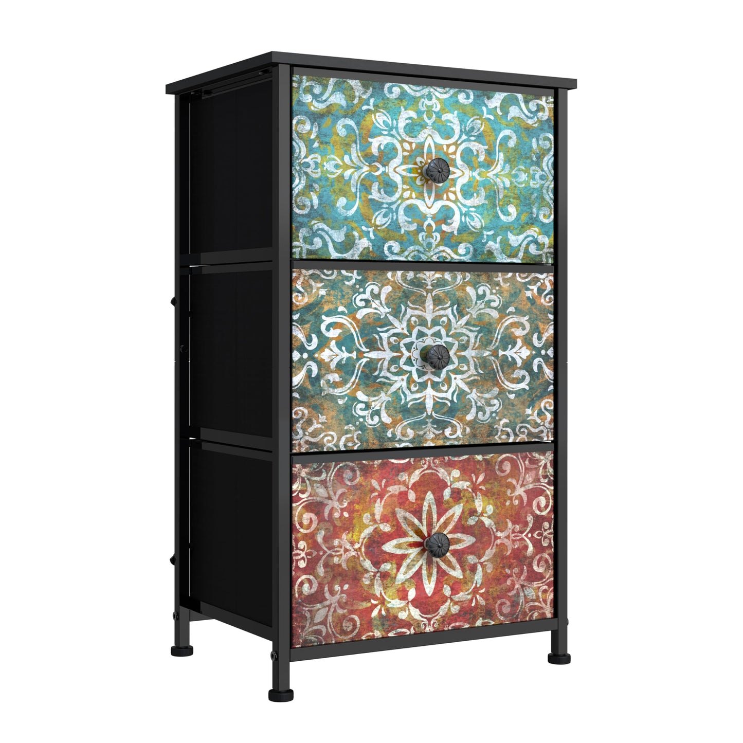 Welfuturer Chest of Drawers Bedroom with 3 Fabric Drawers Bohemian Print, Small Storage Unit Nightstand End Table with Wood Top Metal Frame for