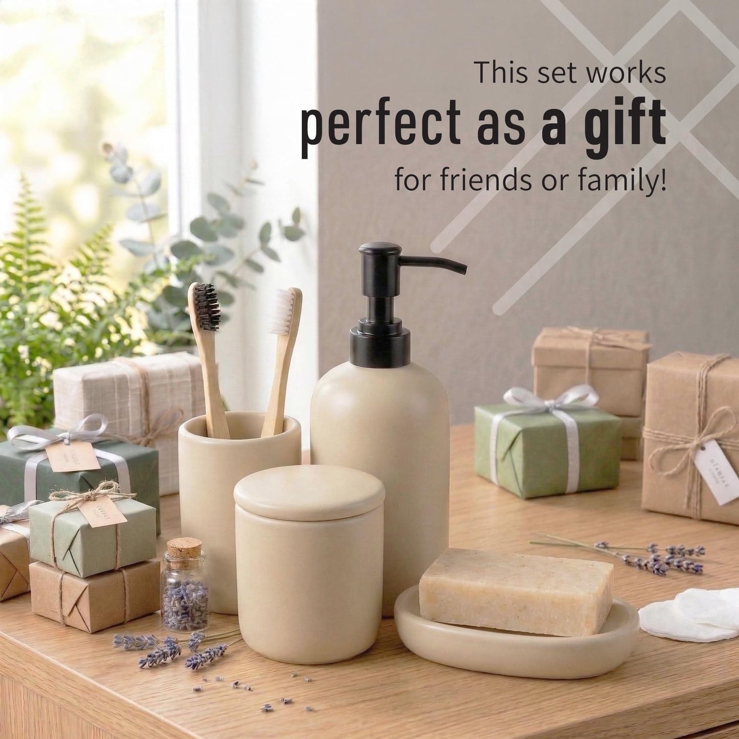 Ava Nord Modern Minimalist Ceramic Bathroom Accessories | Set of 4 | Cream