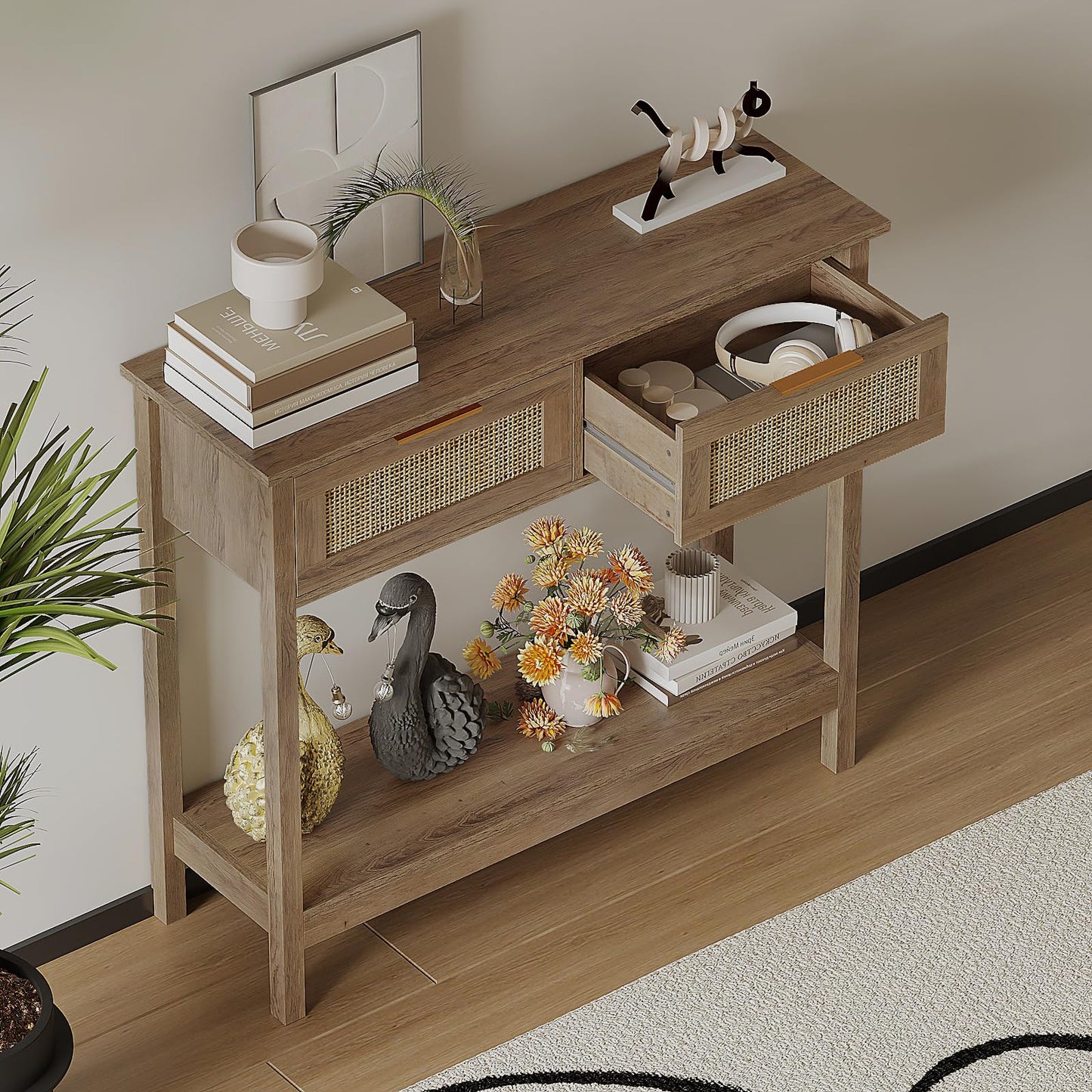 Trironsun Boho Rattan Console Table with 2 Drawers 2 Tier Entryway Table Farmhouse Wood Sofa Table with Open Storage Shelf for Living Room Hallway
