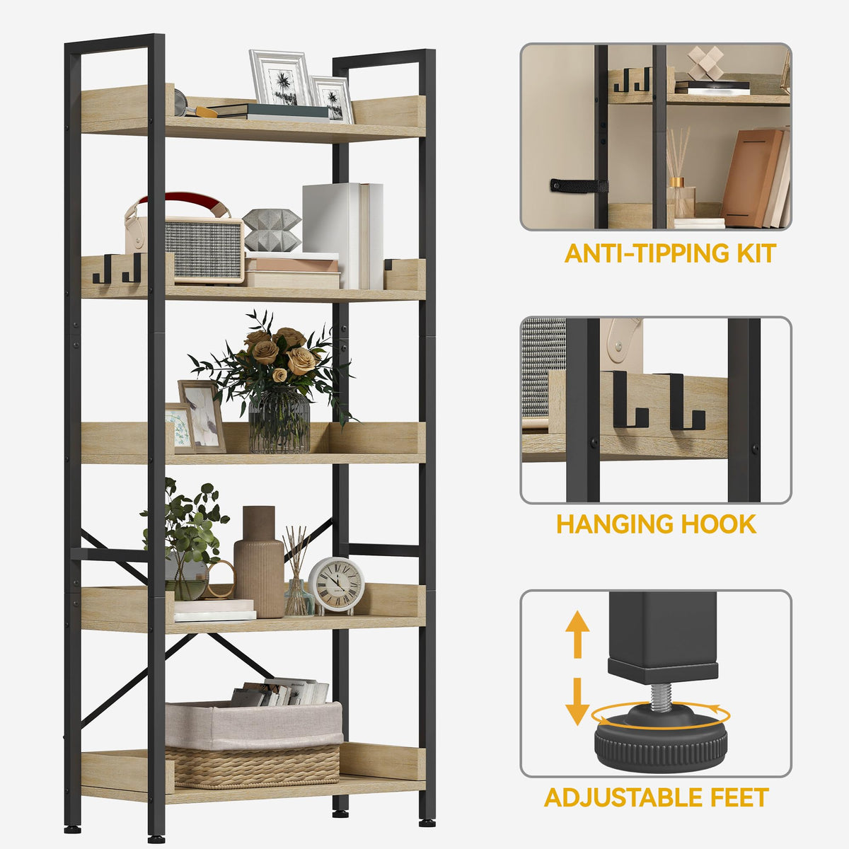 DWVO Bookcase 5 Tiers, Floor Standing Industrial Book Shelf 64cm Wide 160cm High Large Book Case Wooden Shelf and Metal Shelving Unit Display for