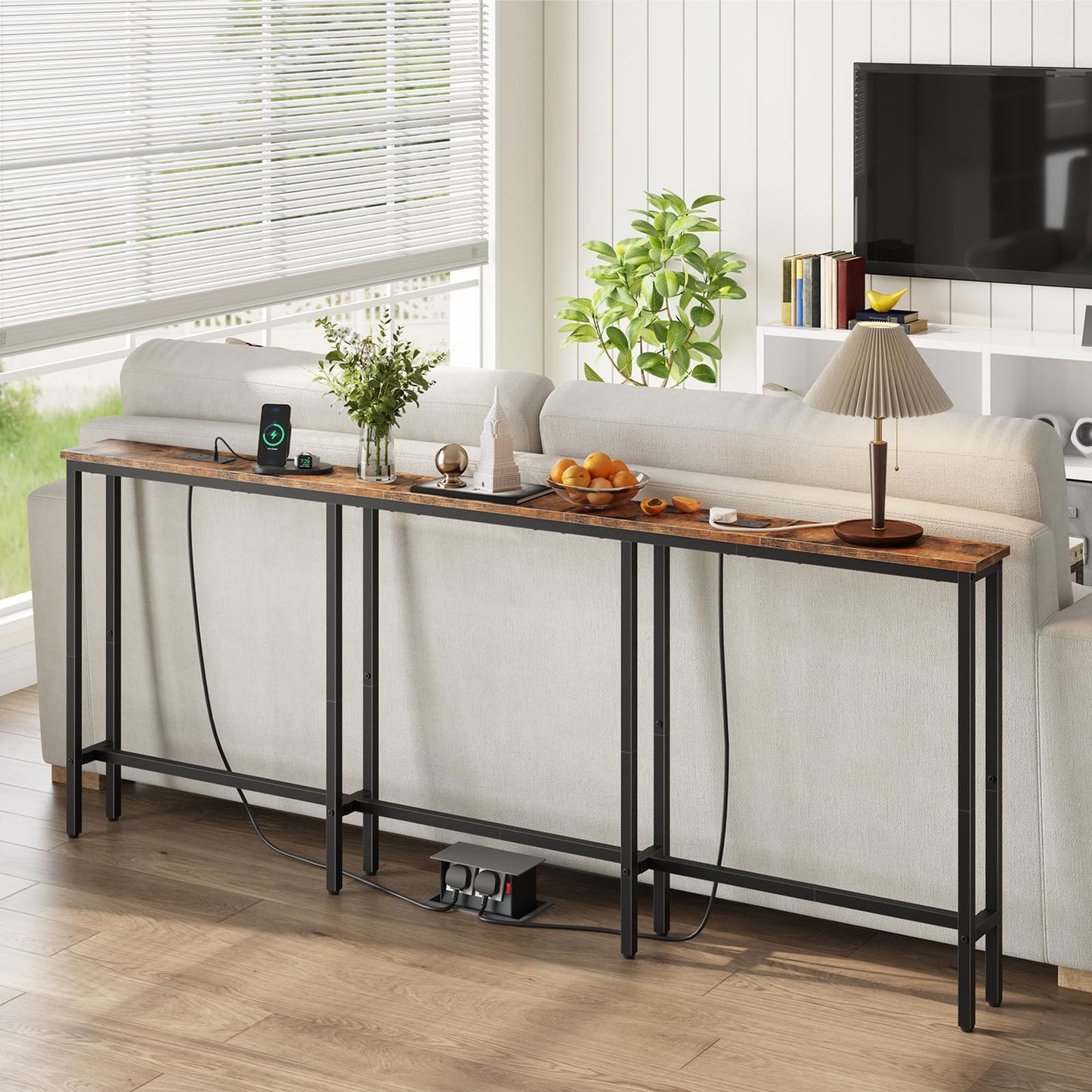 HOOBRO 200 cm Slim Console Table with 2 Charging Stations, Narrow Behind Sofa Table, Long Hallway Table with Adjustable Feet, for Hallway