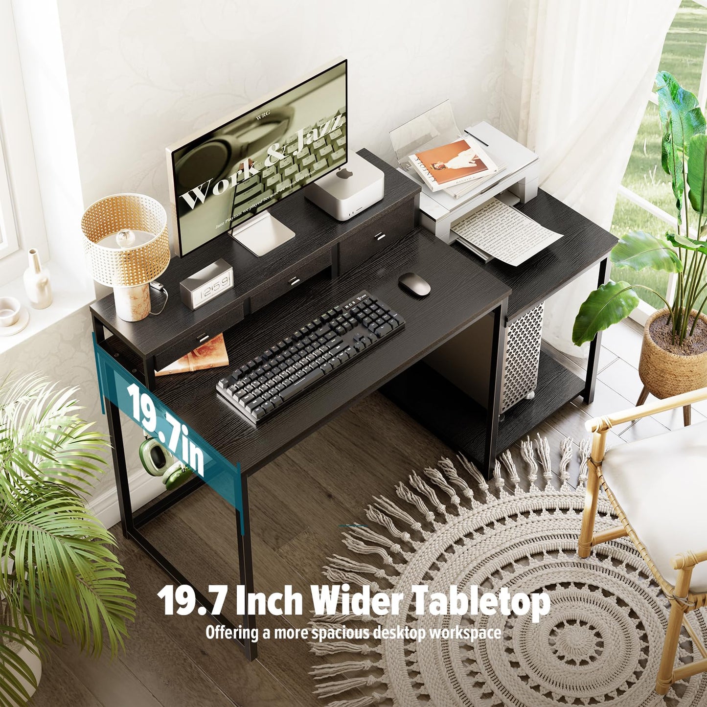 WOHOMO 120cm Computer Desk with 3 Drawers, Printer Shelf and Monitor Stand