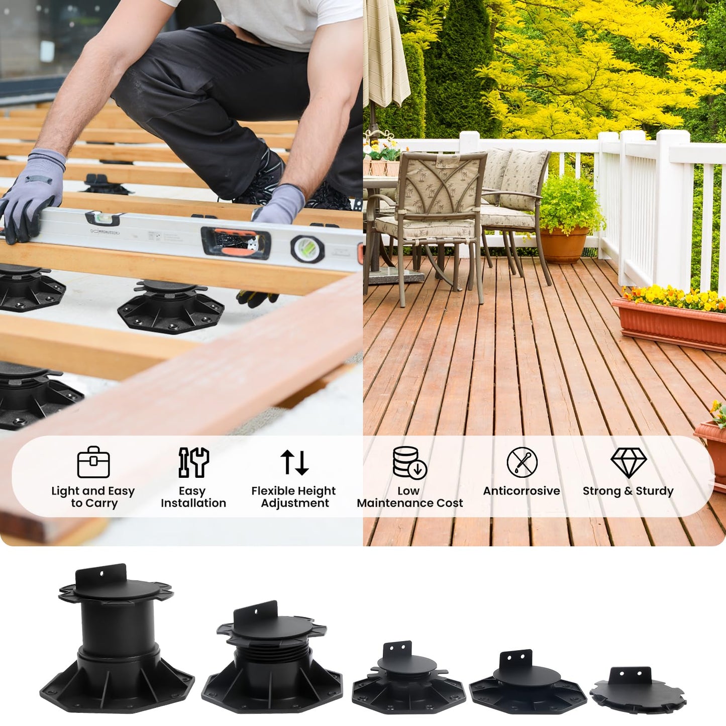 6-Pack Adjustable Decking Pedestals, 60-140 mm Plastic Deck Supports
