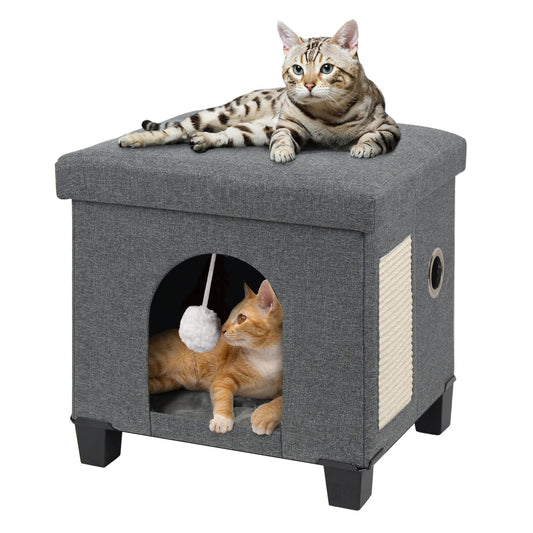 BRIAN & DANY Collapsible Cat Cave for Indoor Cats, Multifunctional Cube Cat House with Cat Scratch Board & Ball, 37.5 x 32.5 x 36 cm, Gray