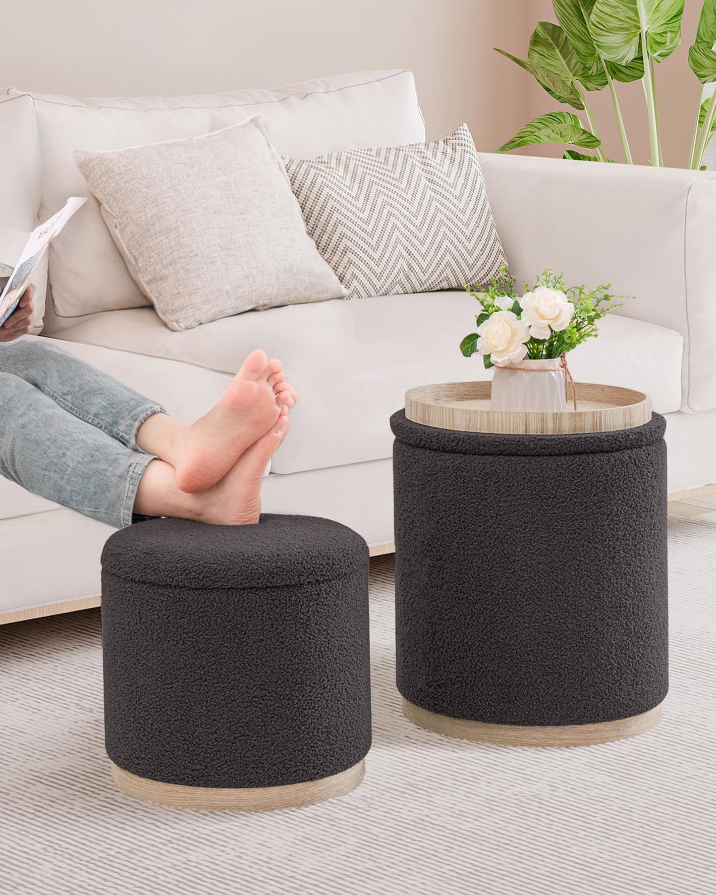 Bonlife Set of 2 Round Ottoman with Tray, Vanity Stool with Storage