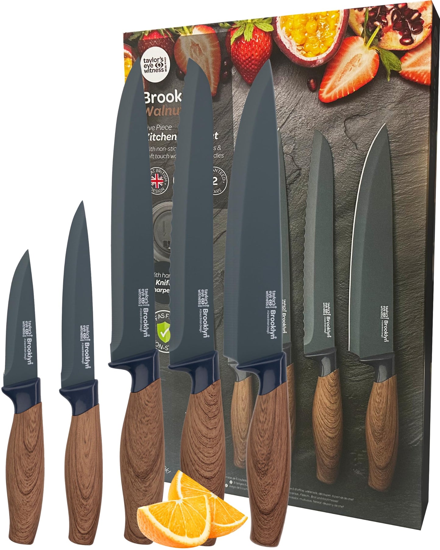 Taylors Eye Witness 5pc Walnut Look Presentation Knife Set - Brooklyn Anti-Bacterial Non Stick Blue Blades. Paring, All-Purpose, Chefs, Serrated Bread