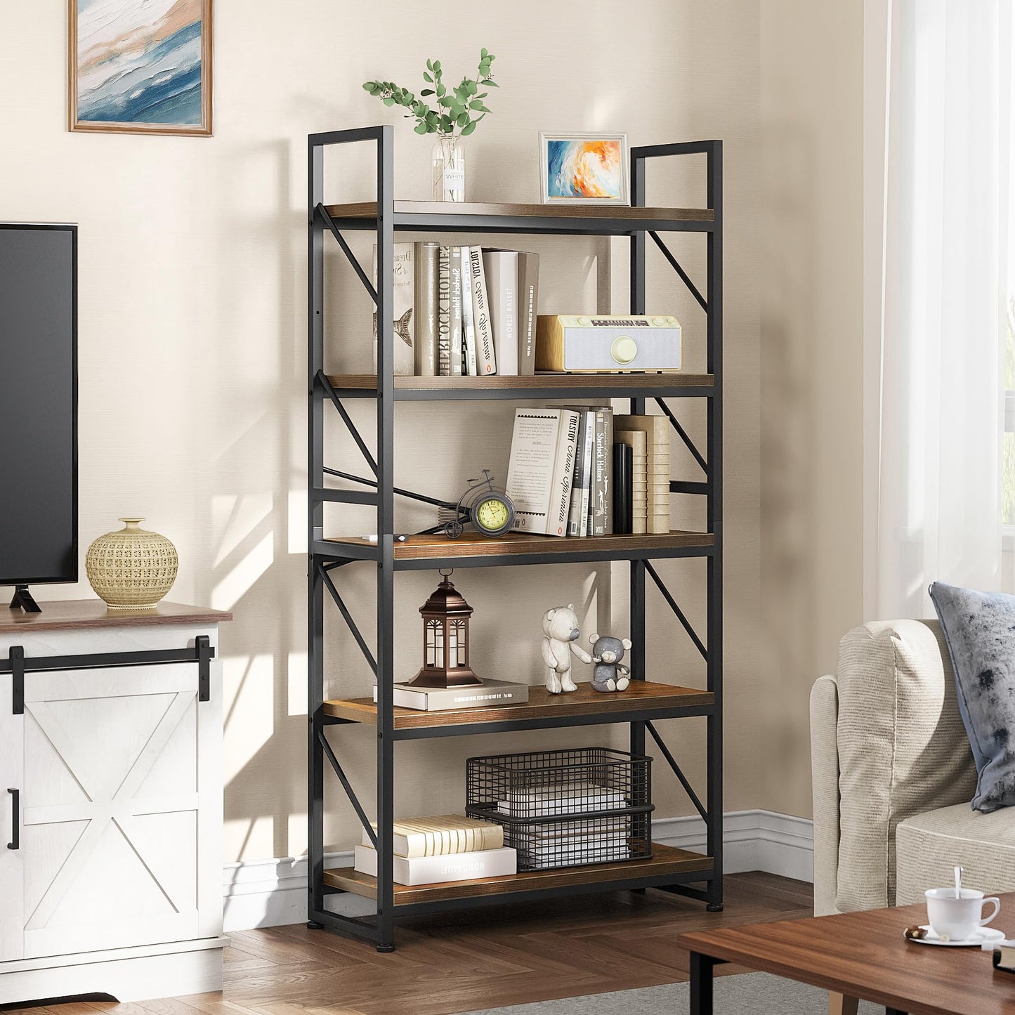 YITAHOME Bookcase 5 Tiers, Large Bookshelf, Wooden Shelf and Metal Frame, Industrial Shelving Unit, Floorstanding Storage Rack, for Living Room