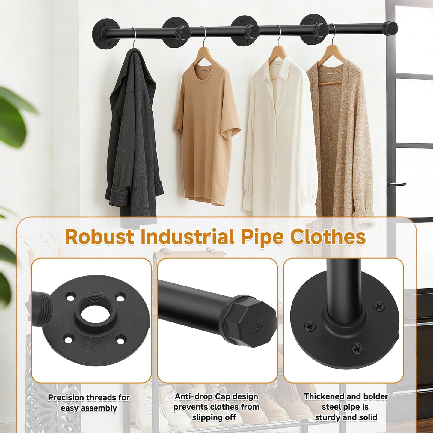aleawol 12 Inch Industrial Pipe Clothes Bar for Home, 50KG Capacity