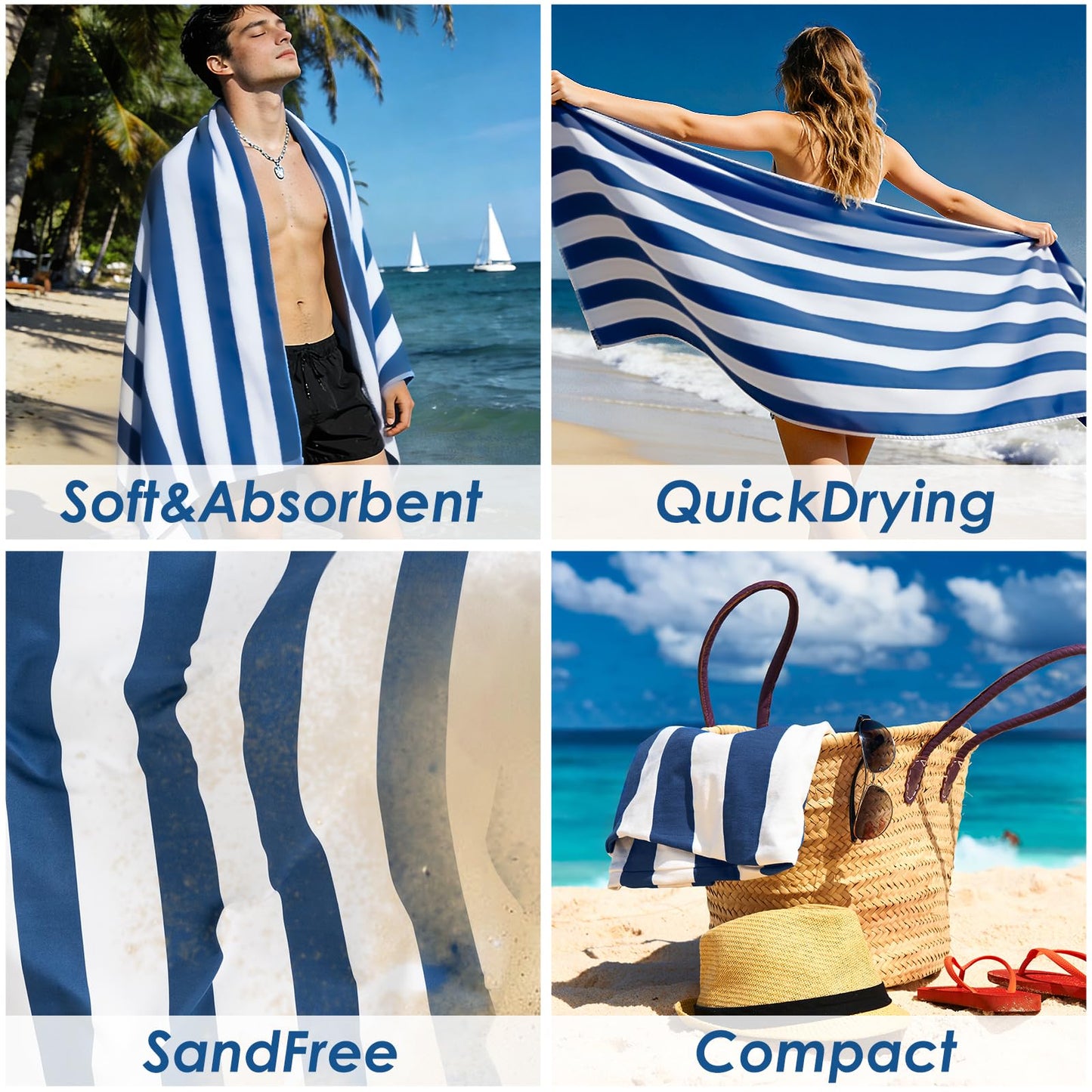 Muztaga Microfibre Beach Towel - Sand Free, Quick Dry, Large 160 x 90 cm Striped Pool Towels for Adults & Kids