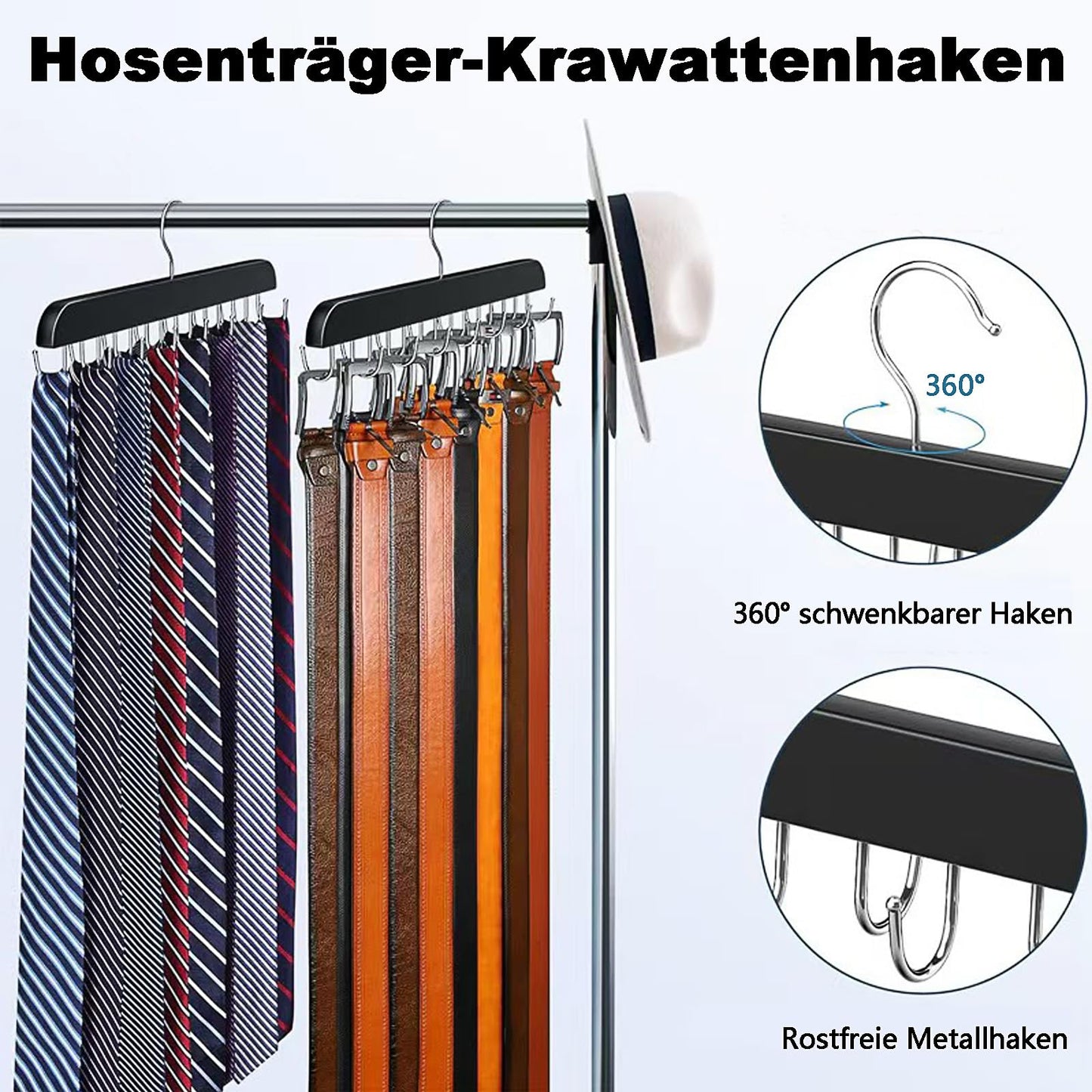 Tie Belt Rack, 1 Pack Belt Storage 360° Rotating Wooden Tie Holder Belt Hanger with 14 Hooks Hanger Hooks for Scarves, Ties, Belts, Wardrobe Organiser