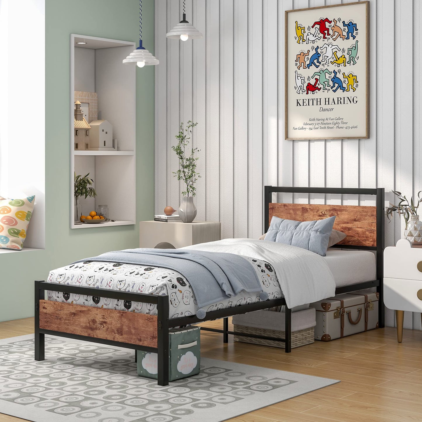 HOJINLINERO Metal Single Bed Frames with Wood Headboard,Industrial Bed Frame Single for Adult,Heavy Duty Platfrom Metal Slats Support,Easy